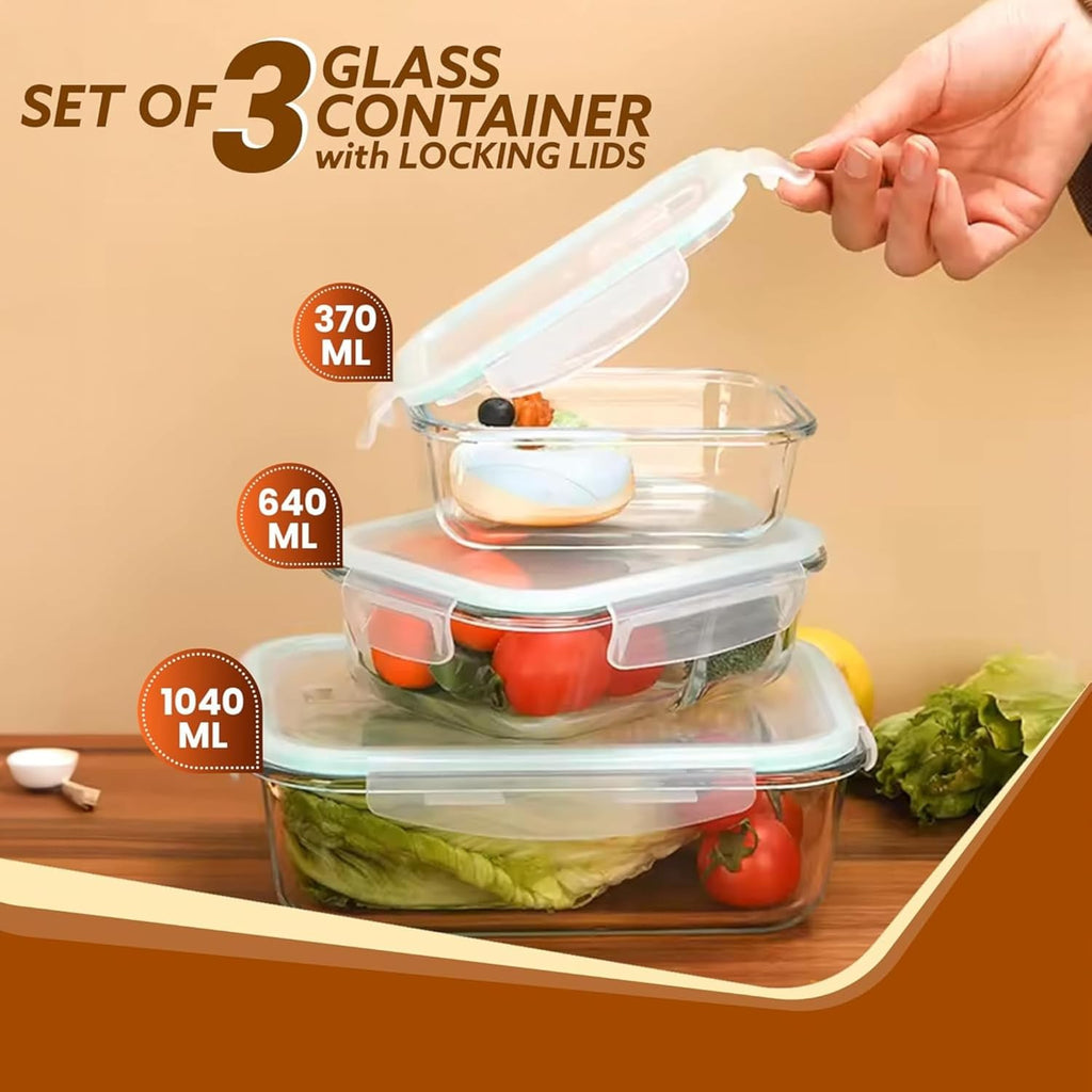 DailyAlley 3-Piece Glass Food Storage Set (370ml, 640ml, 1040ml) - Leak-proof, scratch-resistant containers that are oven, microwave, & freezer safe. Dailyalley