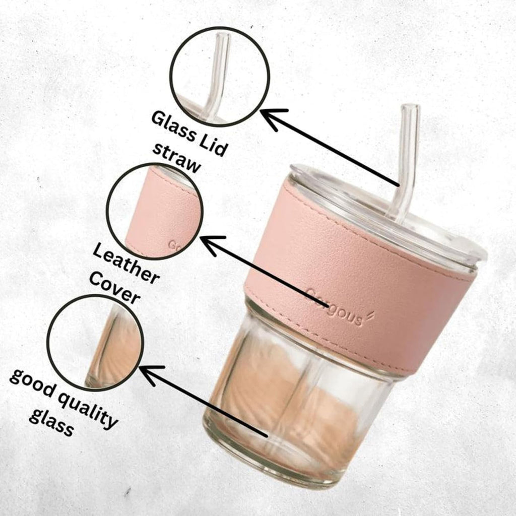 DailyAlley 400ml Pink Glass Sipper - An aesthetic tumbler with a leather sleeve and straw. Perfect for coffee, juice, and smoothies on the go. Dailyalley