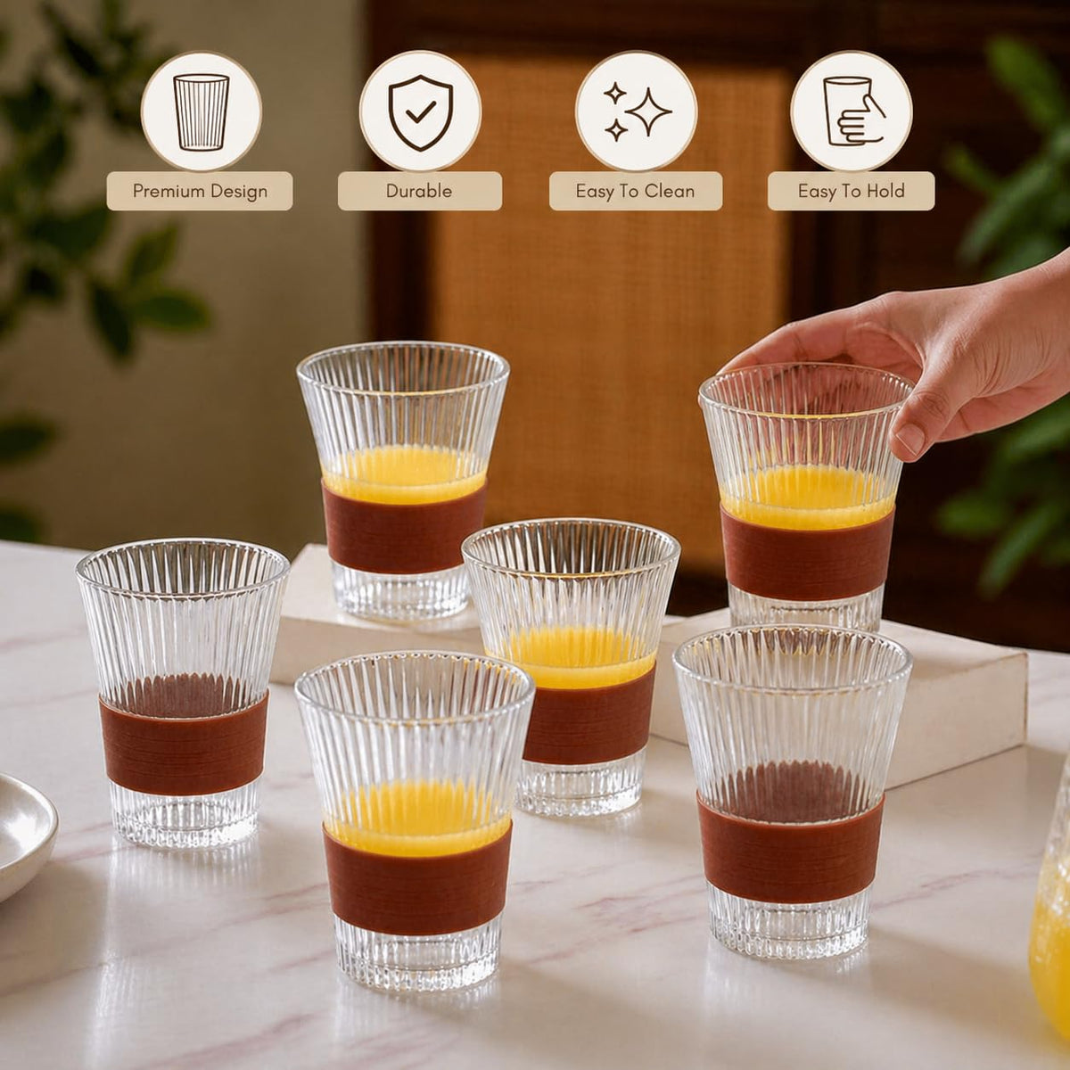 DailyAlley 6-Piece Glass Set - A premium set of six glasses with a stylish wooden grip, perfect for serving drinks with a touch of elegance.