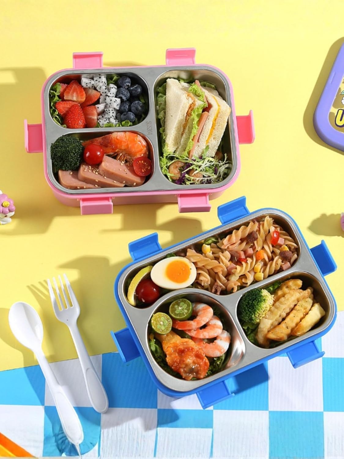 3 Compartment Stainless Steel Lunch Box for Kids | Leakproof Bento Tiffin Box (SS304) with Spoon & Fork