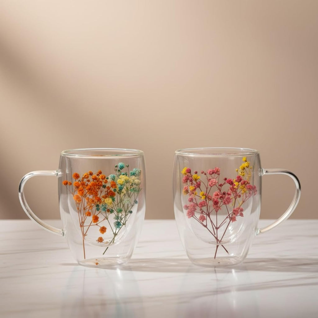 Dried Flower Double Wall Glass Mugs (Set of 2) | 350ml Heart-Shaped Borosilicate Insulated Cups | Unique Floating Tea/Coffee Gift for Women Dailyalley