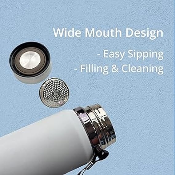 White water bottle with wide mouth design on a blue background