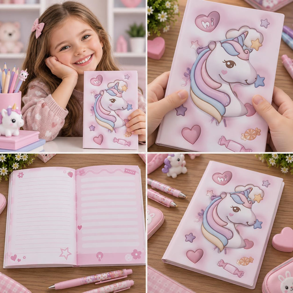 3D Squishy Unicorn Diary for Kids, Fancy Notebook for Girls, Cute Soft Touch Diary with 100 Pages, Kids Notepad for School, Personal Notes, Drawing & Writing (Pink)