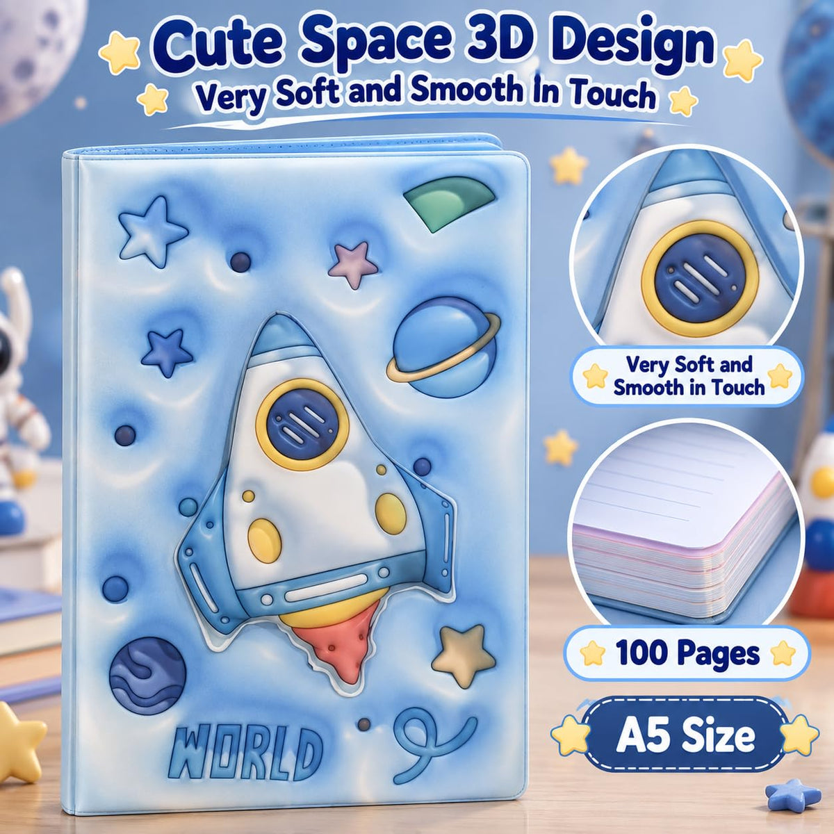 3D Squishy Space Theme Diary for Kids, Boys & Girls, Fancy Notebook for Girls, Cute Soft Touch Diary with 100 Pages, Kids Notepad for School, Personal Notes, Drawing & Writing (Space Ship)