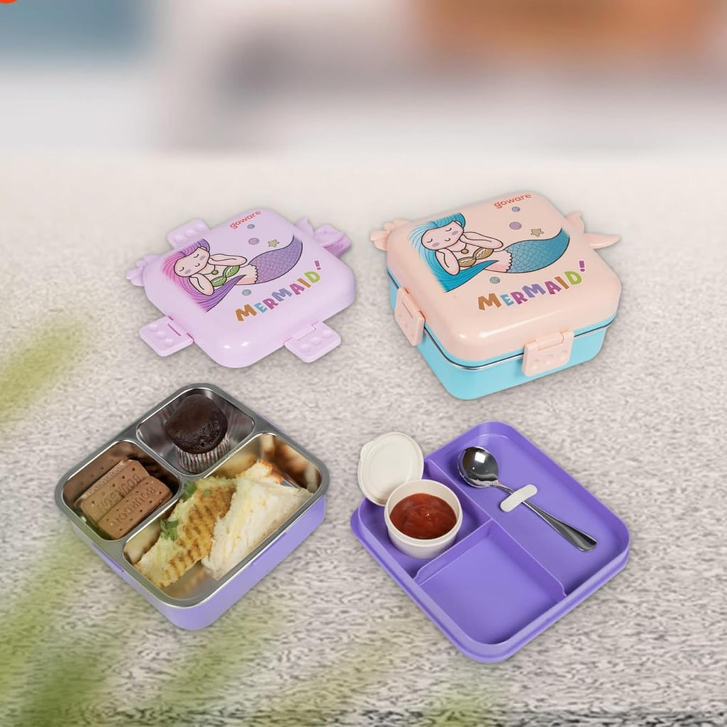 Mermaid Lunch Box for Kids Girls | Cute Tiffin Box for School Girls | 3 Compartment Stainless Steel Box with Leakproof Lid, Sauce Container & Spoon | Lunchbox for School & Picnic (Pink)