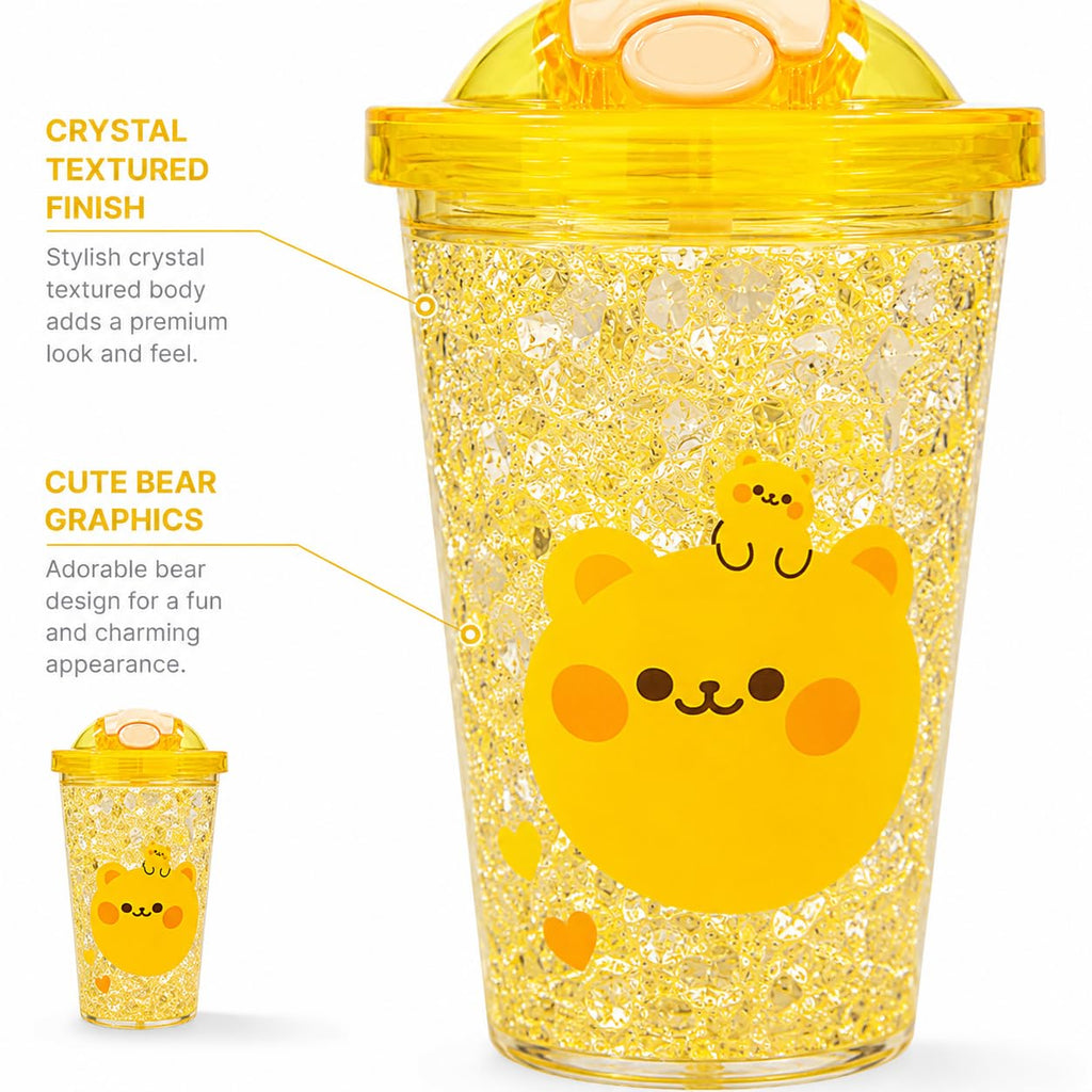 Cute Bear Tumbler for Kids & Girls 450ML - Leakproof Sipper Cup with Straw, Crystal Ice Textured Transparent Water Bottle with Flip Lid - Lightweight Freezer Safe Juice Coffee Cup (Yellow)