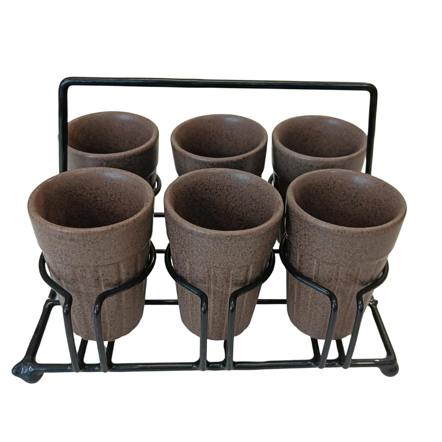 Set of six brown ceramic pots with a black metal stand on a white background