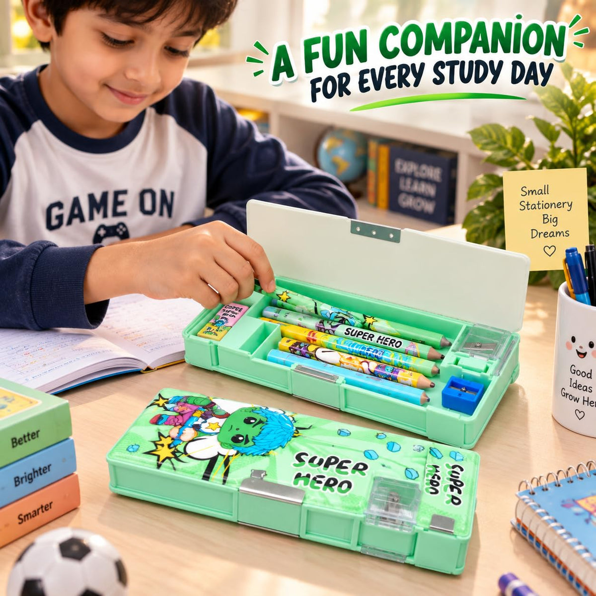Superhero Print Pencil Box for Kids with Built-in Sharpener Multifunctional Pencil Box for Kids Boys & Girls, Large Capacity Stationery Mint Green