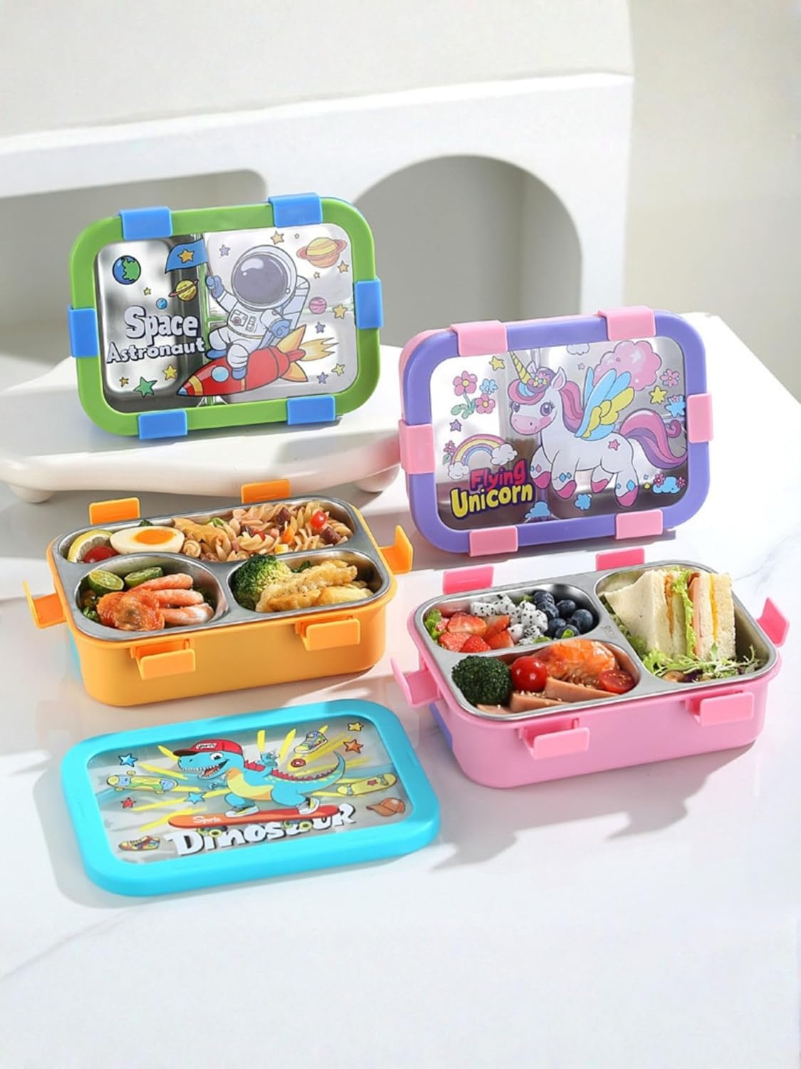 3 Compartment Stainless Steel Lunch Box for Kids | Leakproof Bento Tiffin Box (SS304) with Spoon & Fork