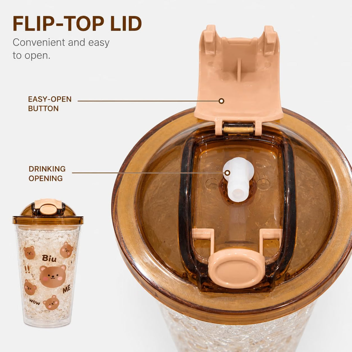 Cute Bear Tumbler for Kids & Girls 450ML - Leakproof Sipper Cup with Straw, Crystal Ice Textured Transparent Water Bottle with Flip Lid - Lightweight Freezer Safe Juice Coffee Cup (Yellow)