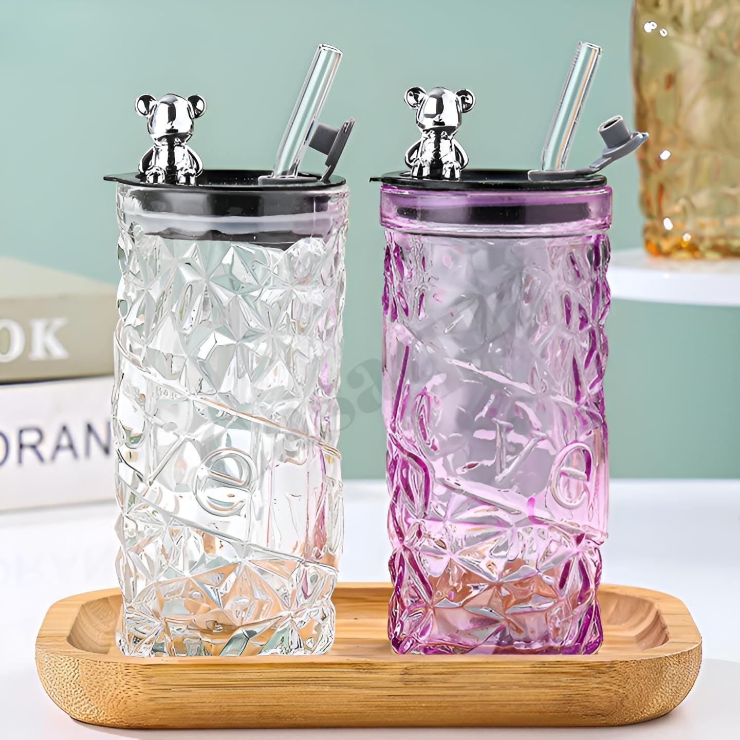 Glass Sipper Pack of 2 with Lid & Straw (350ml Each), Cute Bear Top Design, Leakproof Drinking Tumbler, Reusable Juice Cup for Kids & Adults, Stylish Home, Office & Travel Sipper