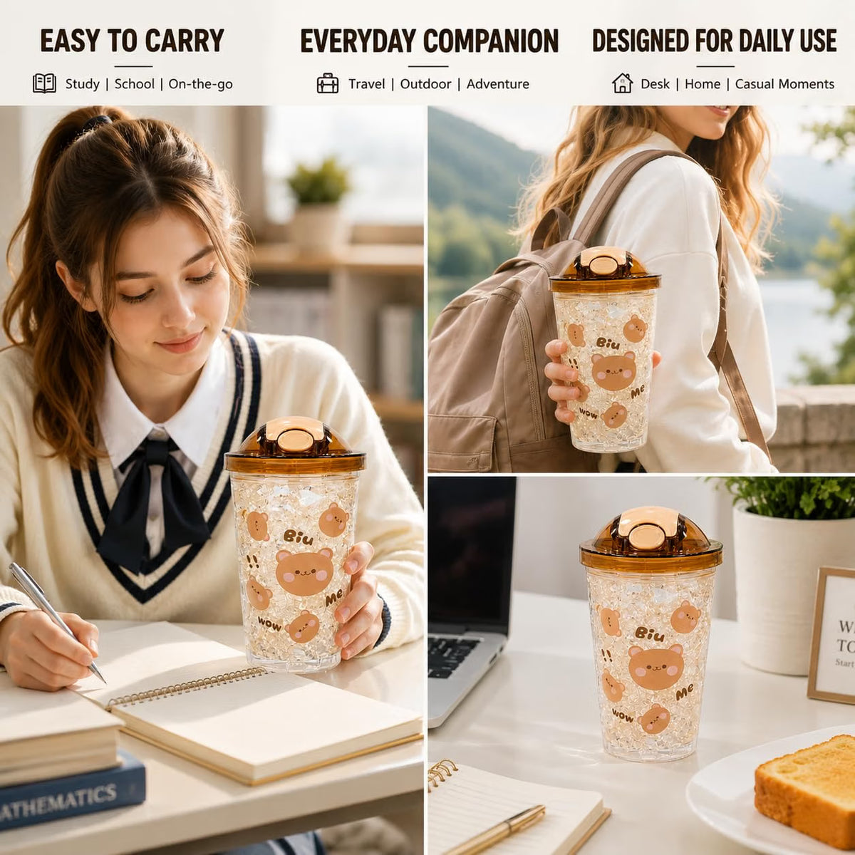 Cute Bear Tumbler for Kids & Girls 450ML - Leakproof Sipper Cup with Straw, Crystal Ice Textured Transparent Water Bottle with Flip Lid - Lightweight Freezer Safe Juice Coffee Cup (Yellow)