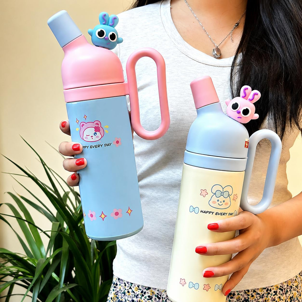 Dailyalley Cute Bear Insulated Water Bottle with Handle, Pink Blue Vacuum Flask, Leakproof Double Wall Thermal Bottle, Kids School Travel Mug, Happy Every Day Design, Hot & Cold Drink Bottle (White)