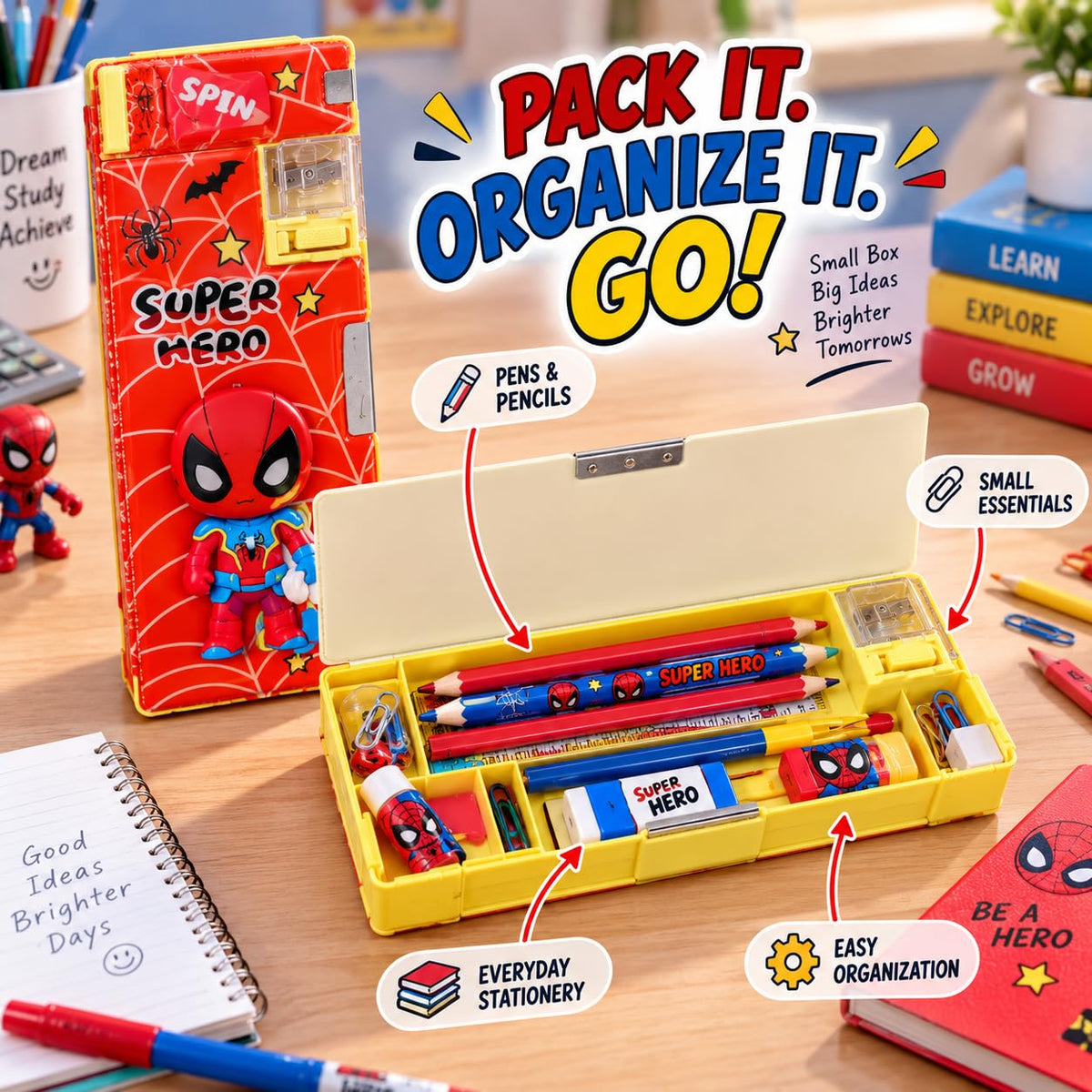 Superhero Theme Kids Pencil Box, Multifunctional Pencil Box for Kids Boys & Girls, Large Capacity Stationery Organizer with Built-in Sharpener Eraser Compartment & Pencil Storage School