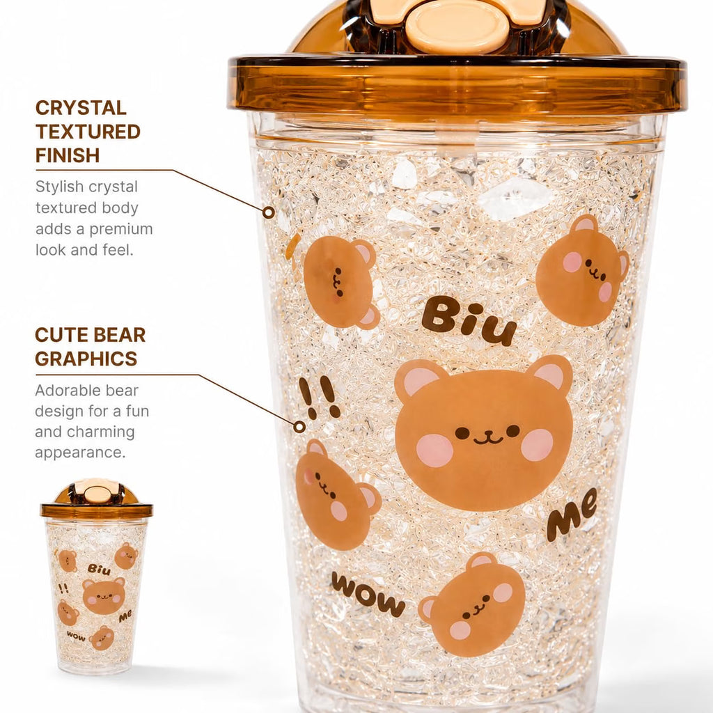 Cute Bear Tumbler for Kids & Girls 450ML - Leakproof Sipper Cup with Straw, Crystal Ice Textured Transparent Water Bottle with Flip Lid - Lightweight Freezer Safe Juice Coffee Cup (Yellow)