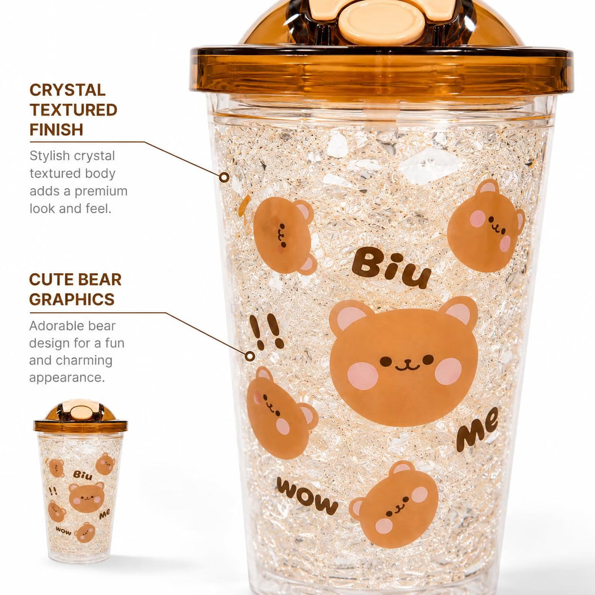 Cute Bear Tumbler for Kids & Girls 450ML - Leakproof Sipper Cup with Straw, Crystal Ice Textured Transparent Water Bottle with Flip Lid - Lightweight Freezer Safe Juice Coffee Cup (Yellow)