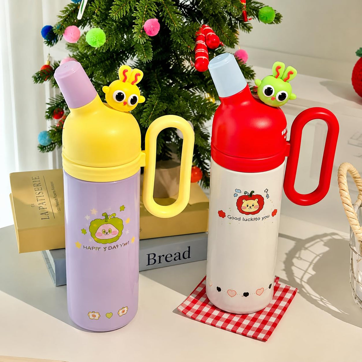 Dailyalley Cute Bear Insulated Water Bottle with Handle, Pink Blue Vacuum Flask, Leakproof Double Wall Thermal Bottle, Kids School Travel Mug, Happy Every Day Design, Hot & Cold Drink Bottle (White)