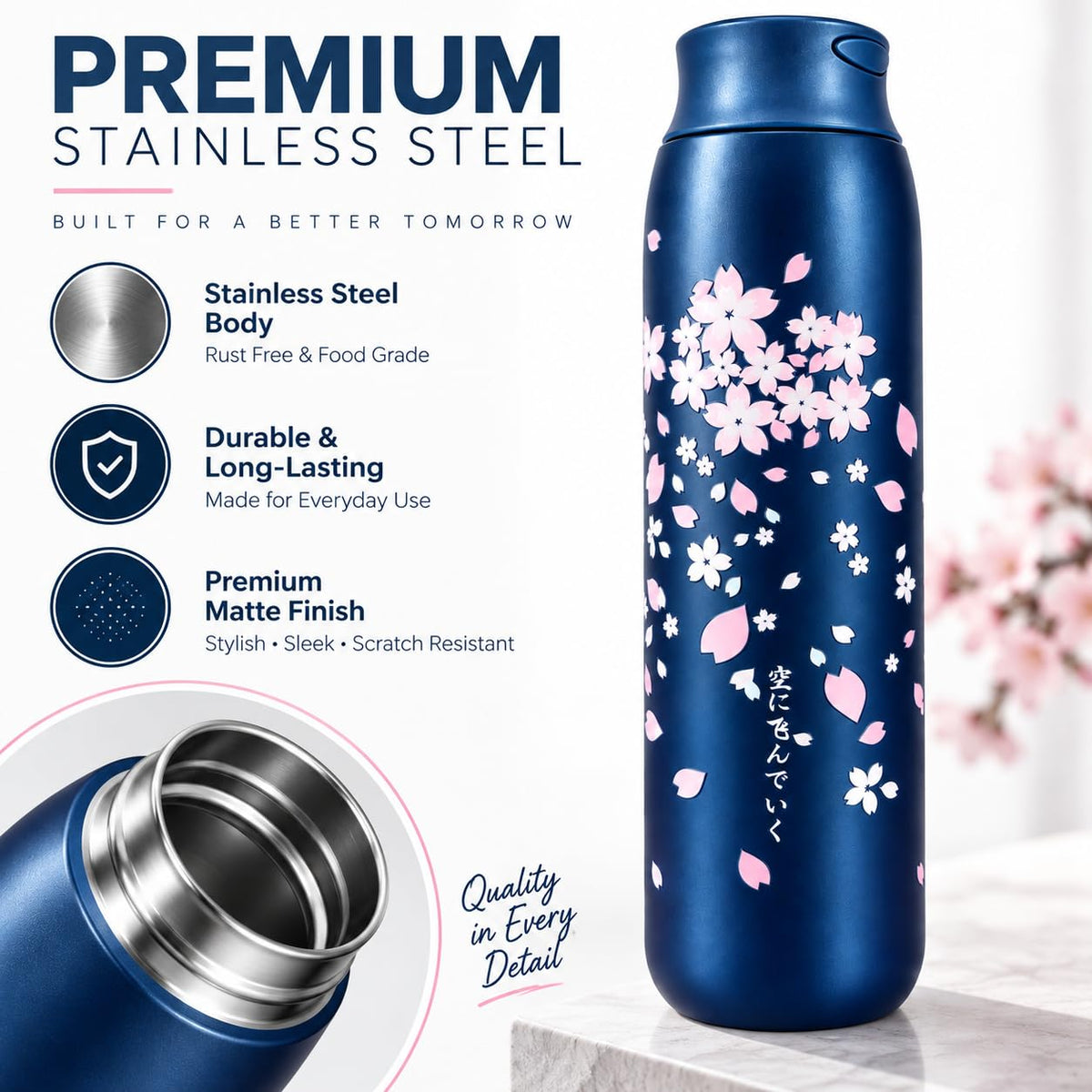 Stainless Steel Water Bottle 470ml | Compact Reusable Steel Water Bottle | Stylish Floral Design | Easy to Carry | for School, Office, Travel & Daily Use