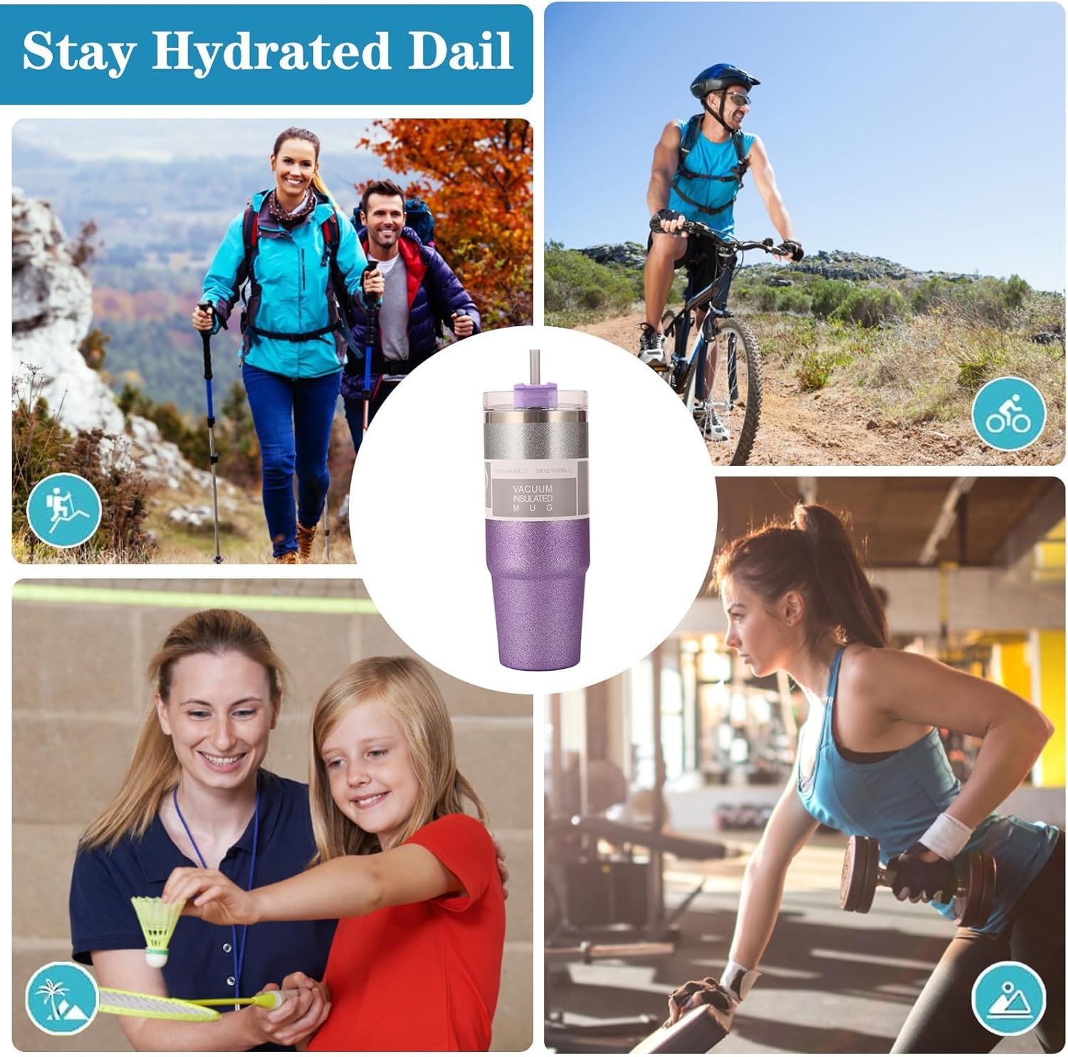 Collage of people engaging in outdoor activities with a purple tumbler in the center.
