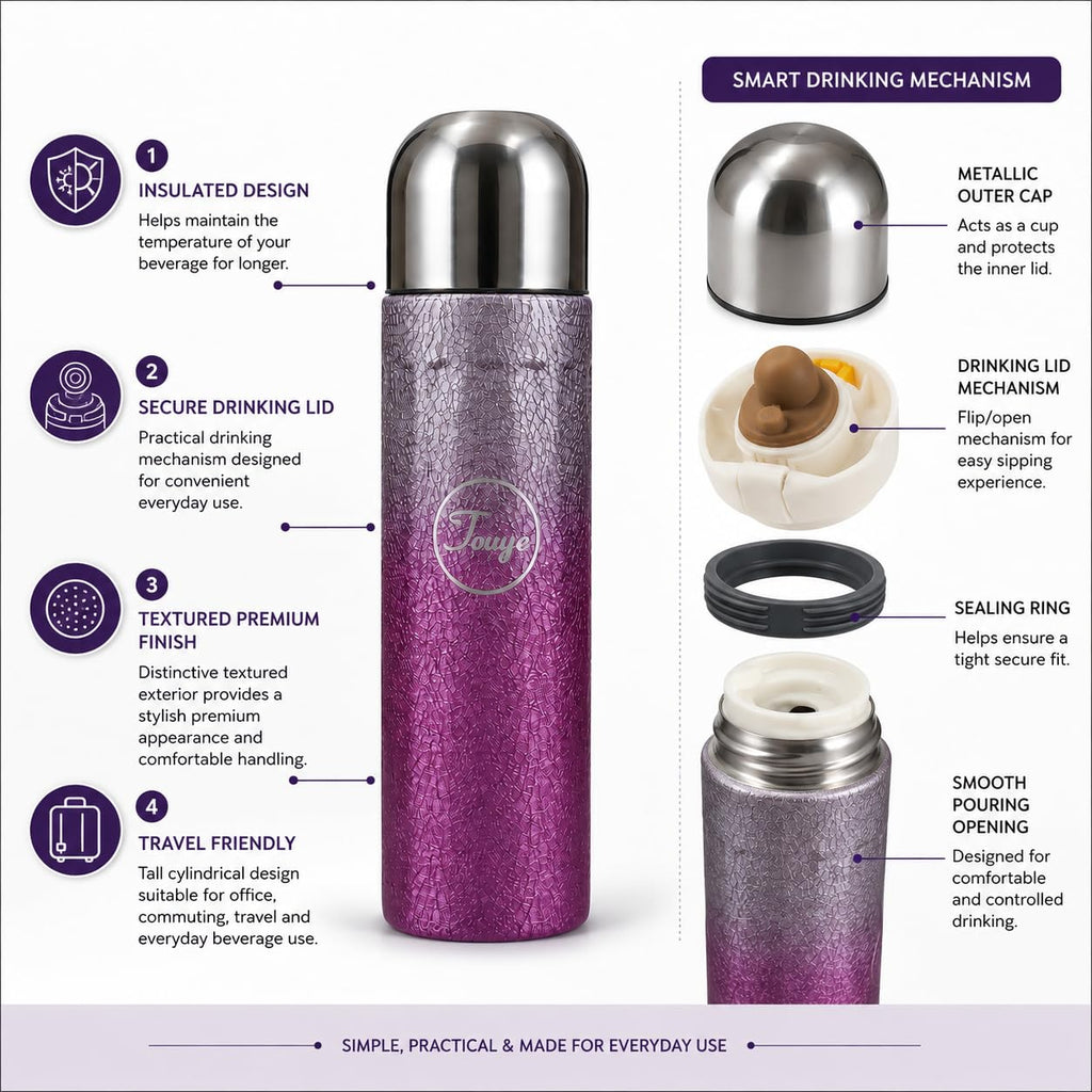 Stainless Steel Water Bottle Crystal Thermos Flask Titanium Coating, Purple, 450 ml Textured Exterior, Metallic Protective Cap, Integrated Drinking Lid