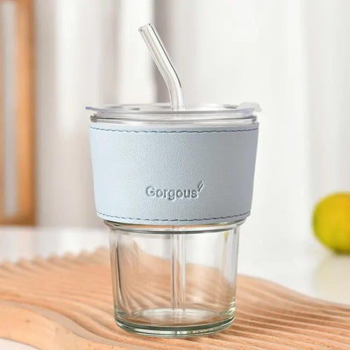 DailyAlley 400ml Blue Glass Sipper - An aesthetic tumbler with a leather sleeve and straw. Perfect for coffee, juice, and smoothies on the go. Dailyalley