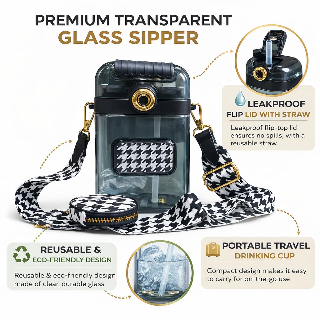 Transparent Plastic Sipper Bottle with Straw – Leakproof Flip Lid Drinking Cup, Reusable Glass Water Bottle for Juice, Coffee & Cold Beverages, Portable Travel Sipper