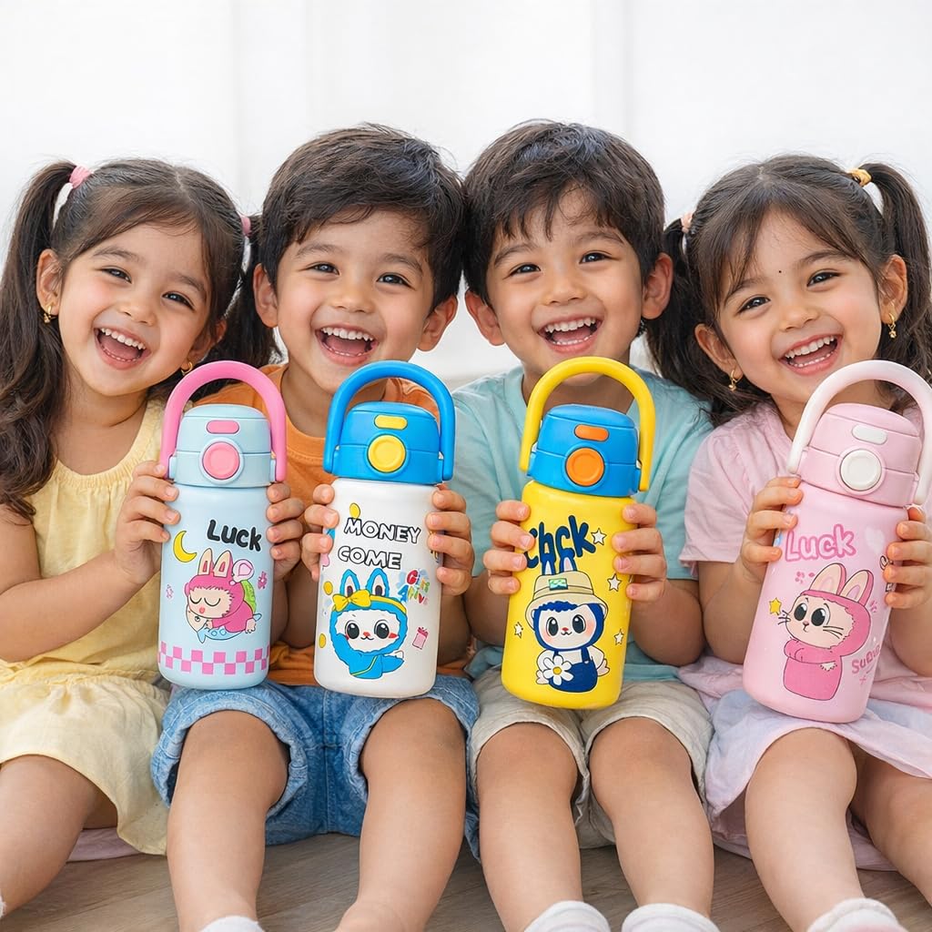Cute cartoon printed water bottle with handle. 520 ml capacity, lightweight and easy to carry. Perfect for kids, school, travel and daily use. (Yellow)
