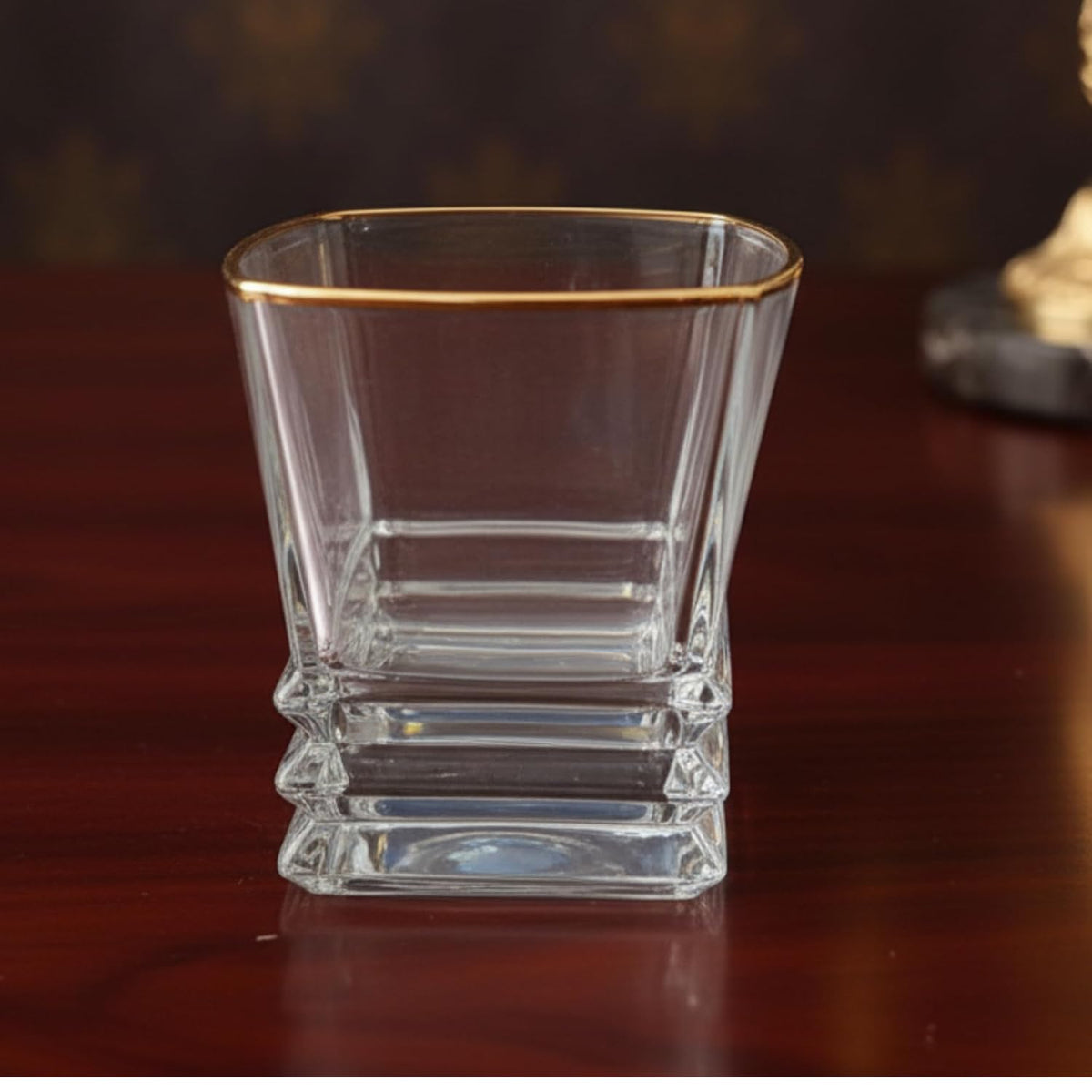 Premium Whisky Glass Set of 6 | 300ml Heavy Base Crystal Clear Glasses with Golden Rim | Elegant Square Design Glasses for Whisky, Scotch, Cocktails & Bar Use