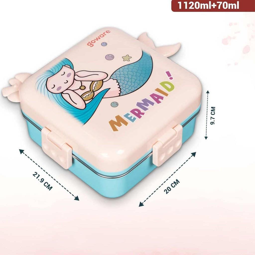 Mermaid Lunch Box for Kids Girls | Cute Tiffin Box for School Girls | 3 Compartment Stainless Steel Box with Leakproof Lid, Sauce Container & Spoon | Lunchbox for School & Picnic (Pink)