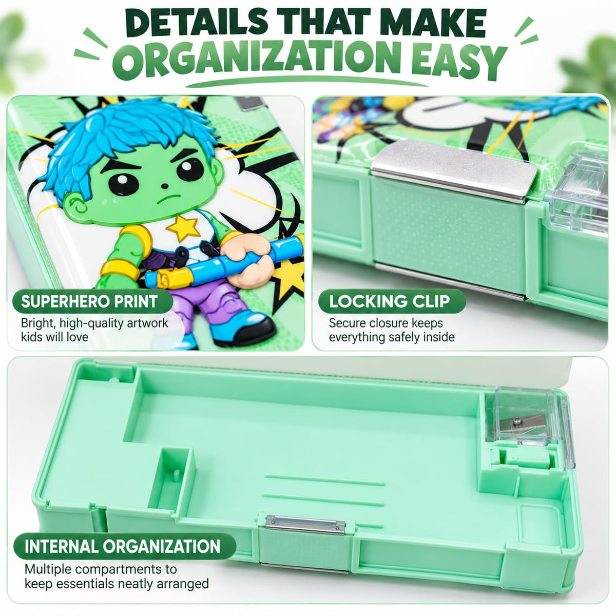 Superhero Print Pencil Box for Kids with Built-in Sharpener Multifunctional Pencil Box for Kids Boys & Girls, Large Capacity Stationery Mint Green