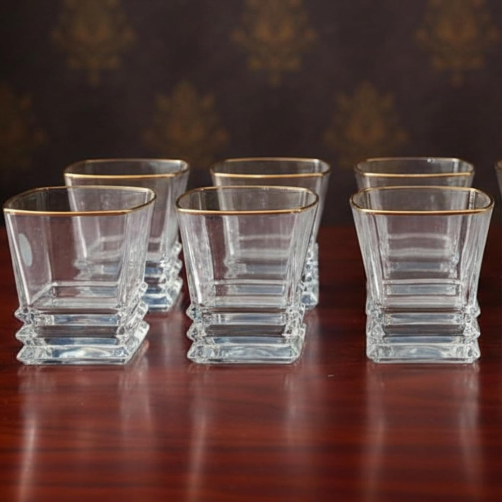 Premium Whisky Glass Set of 6 | 300ml Heavy Base Crystal Clear Glasses with Golden Rim | Elegant Square Design Glasses for Whisky, Scotch, Cocktails & Bar Use