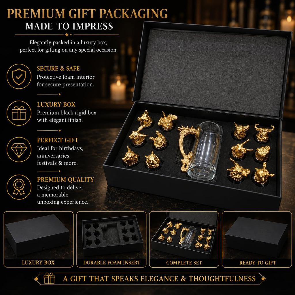 A luxury gift set presented in an open black box with gold-toned decorative items, including animal-shaped ornaments, a small clear glass tumbler, and gold accessories. The image includes marketing text on the left, the open set and additional box views along the bottom, and a dark elegant background with blurred candles.