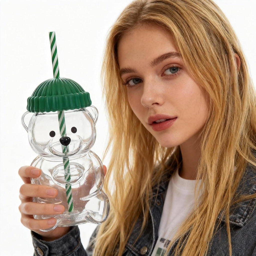 Bear Shaped Glass Cup with Straw & Lid