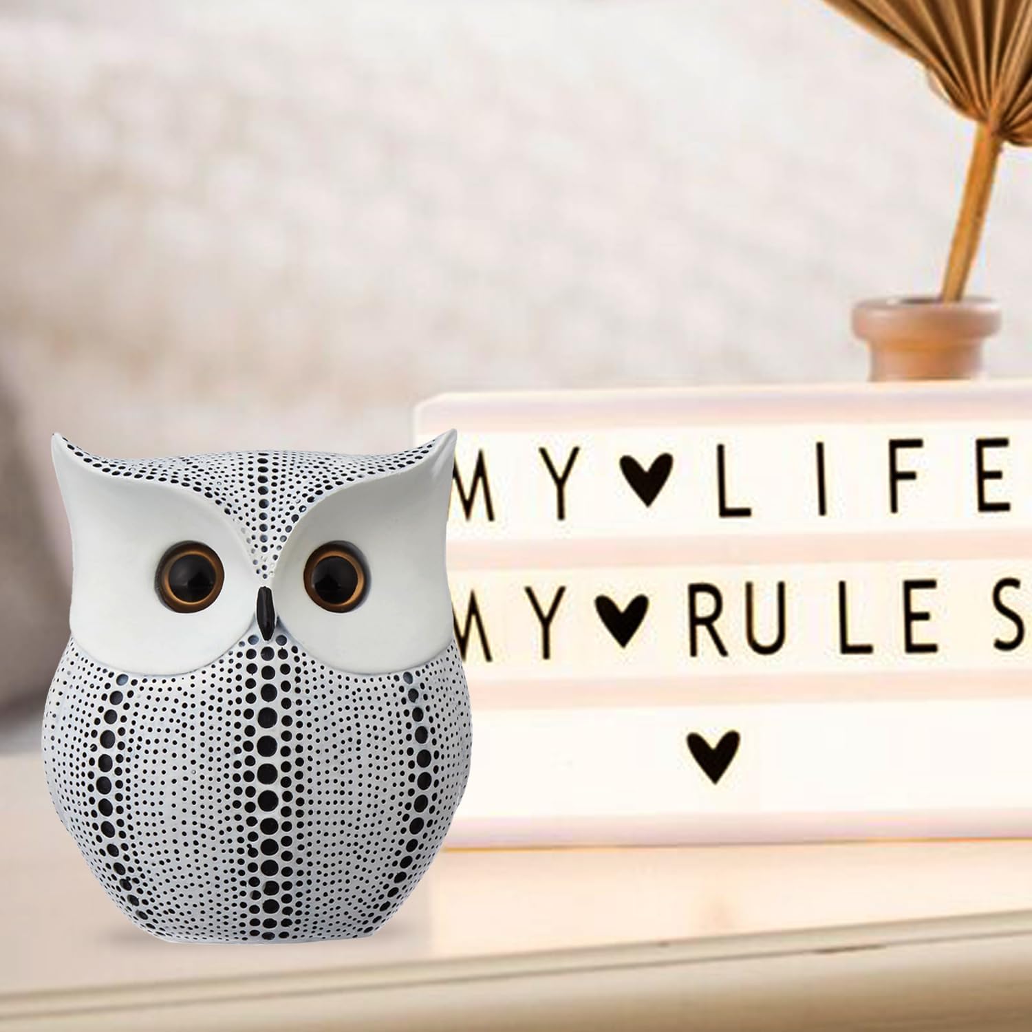 White Owl Decorative Statue – Polka Dot Resin Figurine for Shelf, Bookcase, TV Stand & Office Table Décor | Cute Modern Art Owl with Golden Eyes (20×10×10 cm) Dailyalley