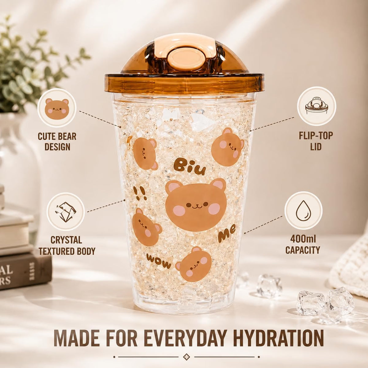Cute Bear Tumbler for Kids & Girls 450ML - Leakproof Sipper Cup with Straw, Crystal Ice Textured Transparent Water Bottle with Flip Lid - Lightweight Freezer Safe Juice Coffee Cup (Yellow)