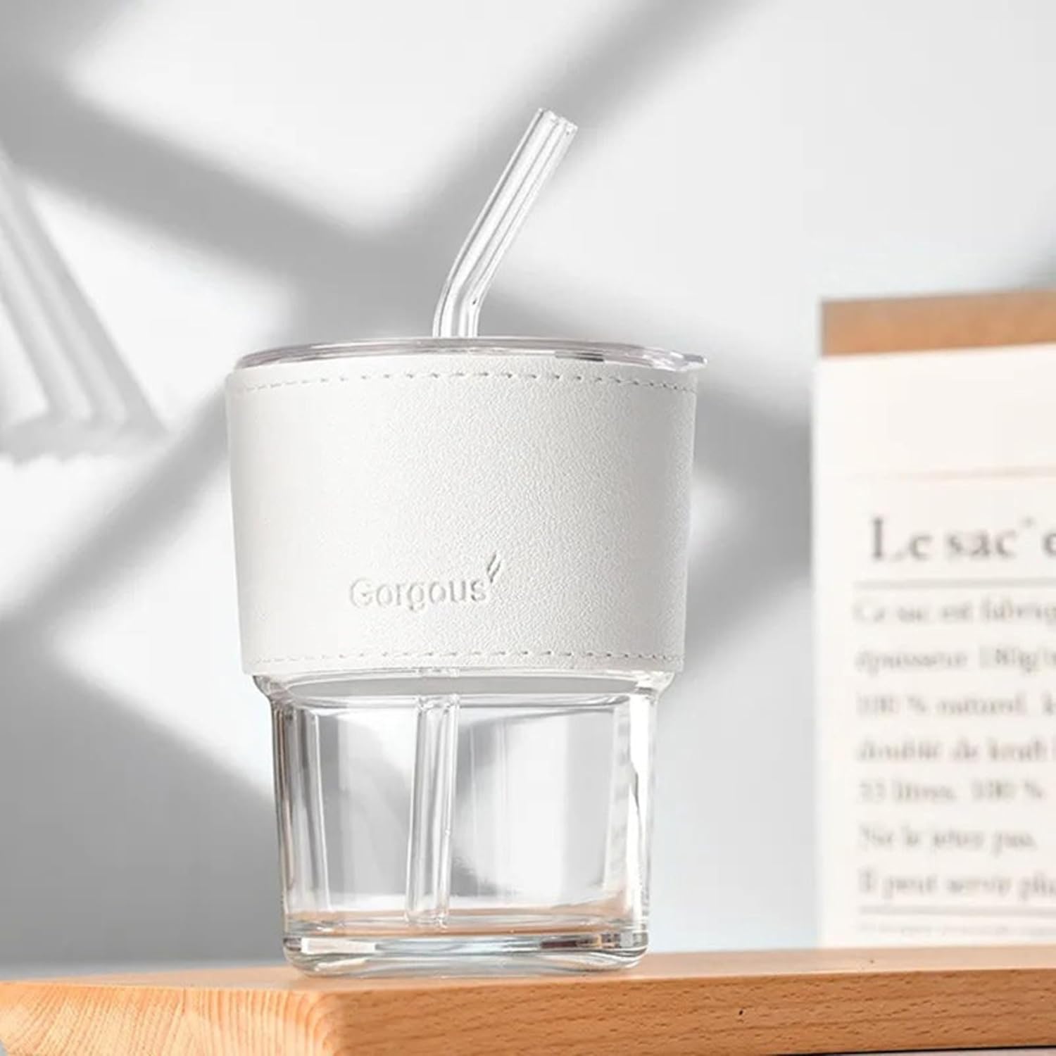 DailyAlley 400ml White Glass Sipper - An aesthetic tumbler with a leather sleeve and straw. Perfect for coffee, juice, and smoothies on the go. Dailyalley