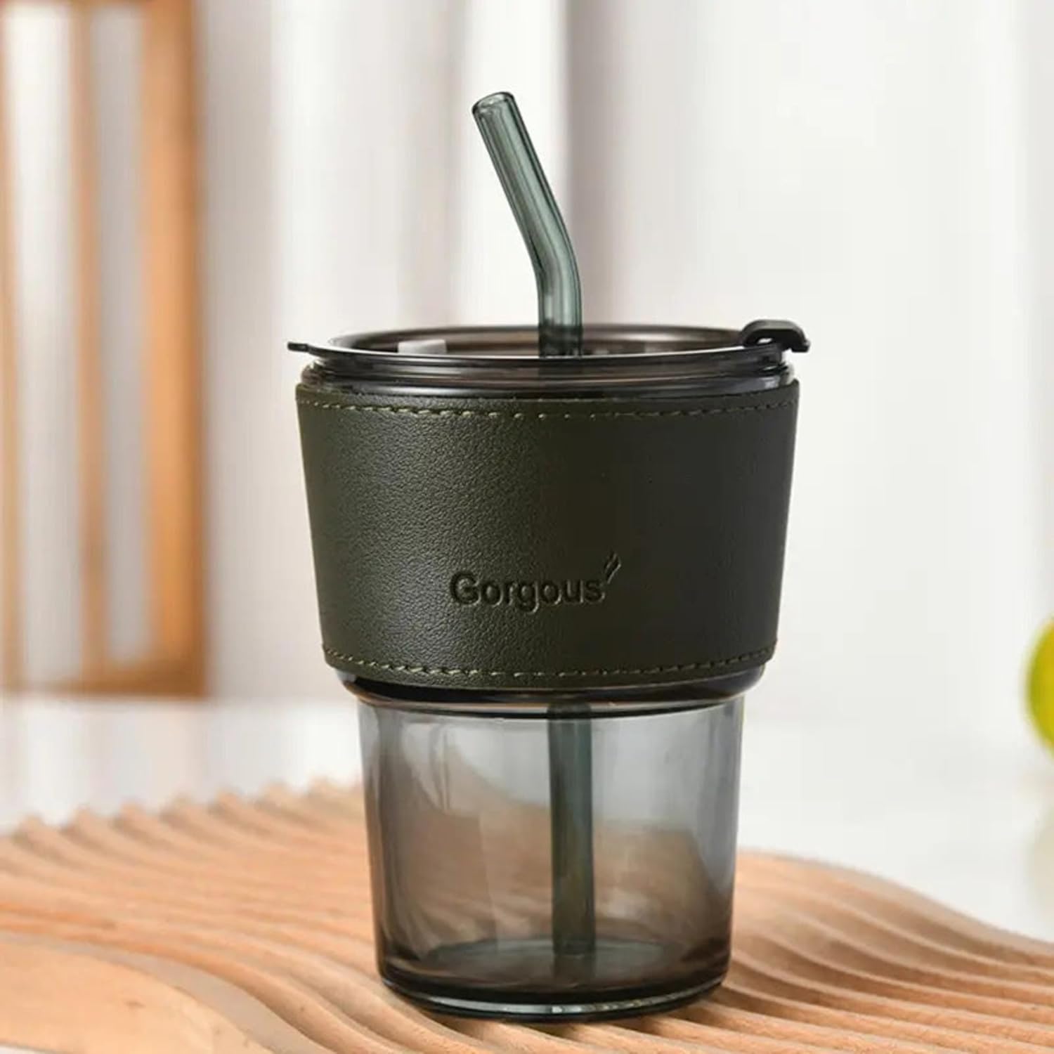 DailyAlley 400ml Black Glass Sipper - An aesthetic tumbler with a leather sleeve and straw. Perfect for coffee, juice, and smoothies on the go. Dailyalley