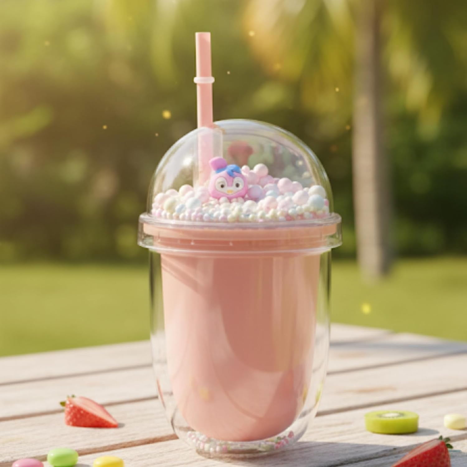 DailyAlley 300ml Pink Kids Sipper Bottle - A BPA-free, easy-grip plastic sipper with floating beads. Perfect for school and travel. Dailyalley