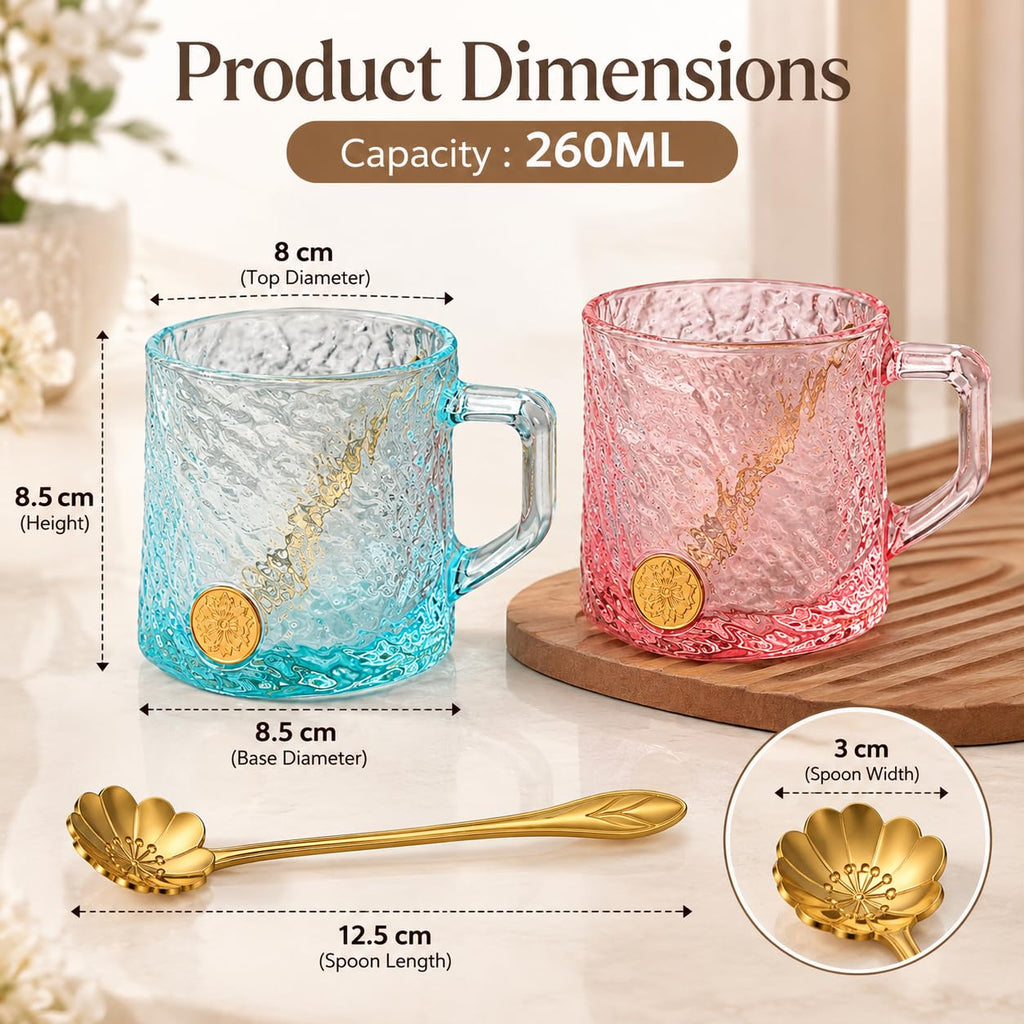 Luxe Glass Mug Set of 2 with Gold Spoons, 260 ml
