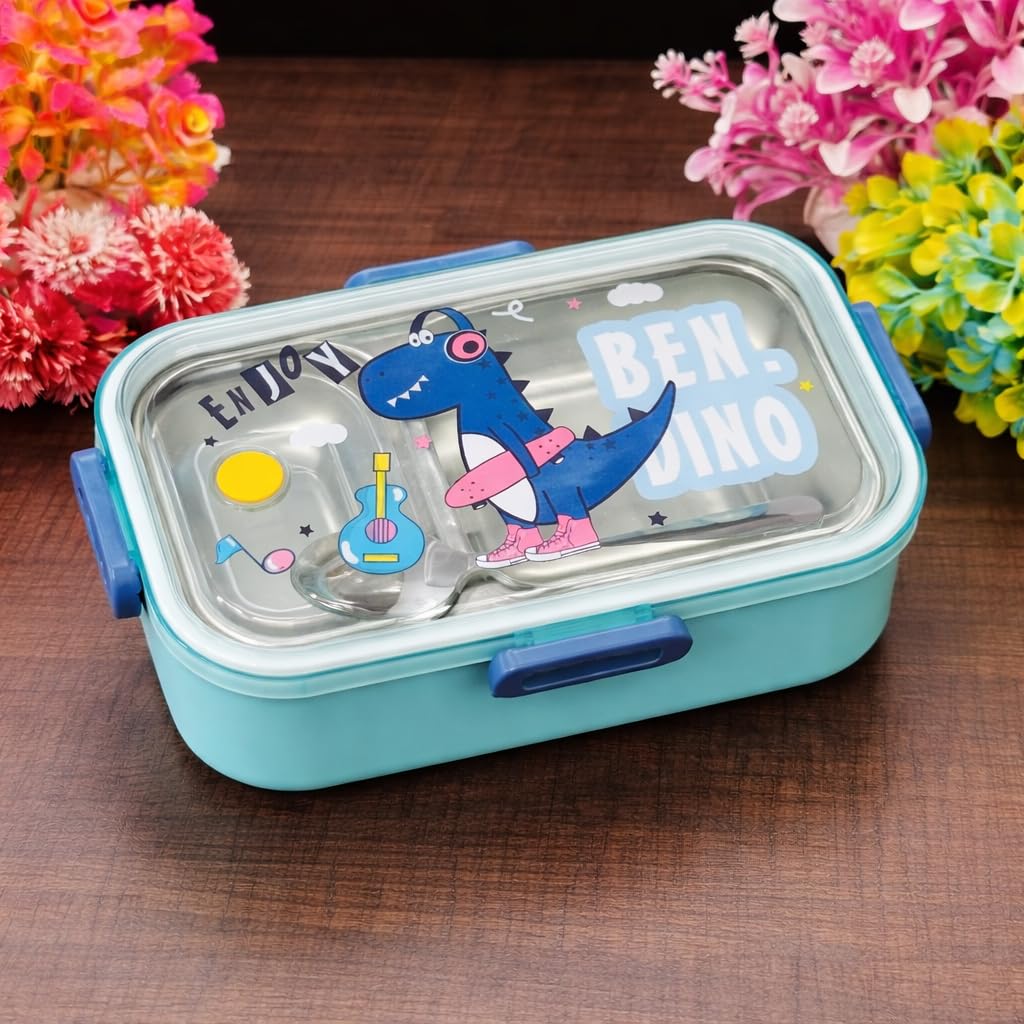 Lunch Box for Kids | Cute Tiffin Box for School | Stainless Steel Box with Leakproof Lid, Sauce Container & Spoon (Blue Dinosaur)