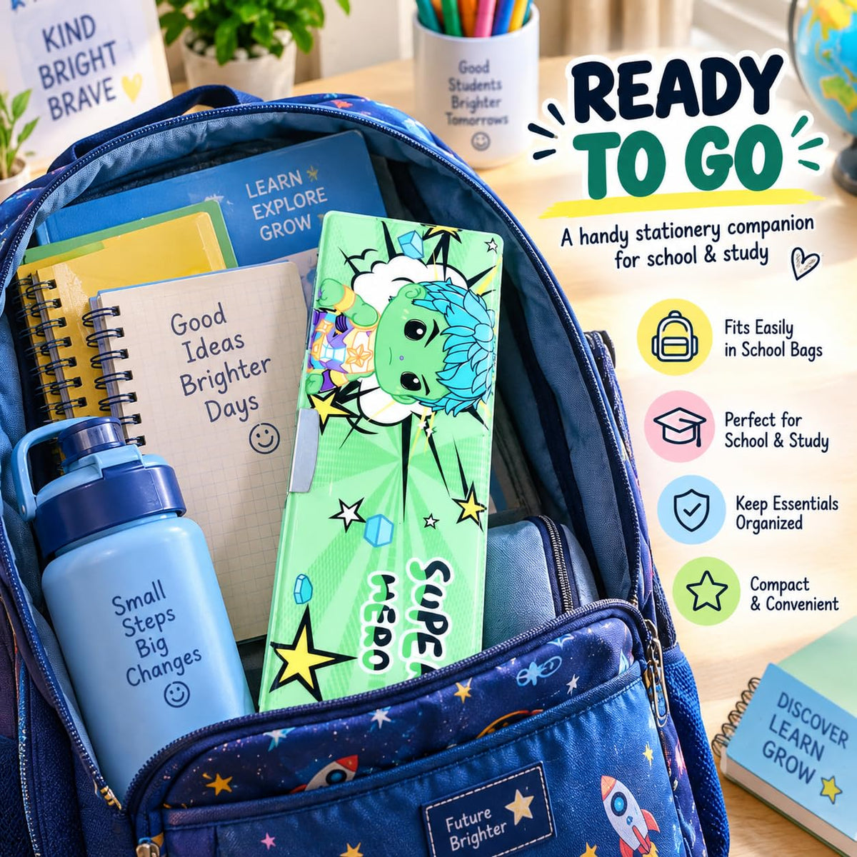 Superhero Print Pencil Box for Kids with Built-in Sharpener Multifunctional Pencil Box for Kids Boys & Girls, Large Capacity Stationery Mint Green