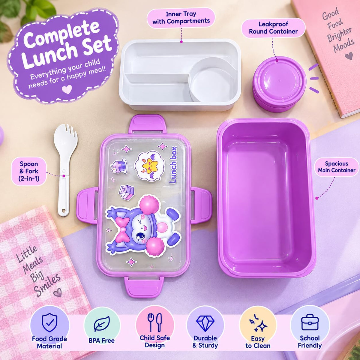 Kids Lunch Box for School, Cartoon Tiffin Box for Boys & Girls with Fork & Inner Food Container, Multi Compartment Lunch Box for School, Picnic & Daily Meals (Purple)