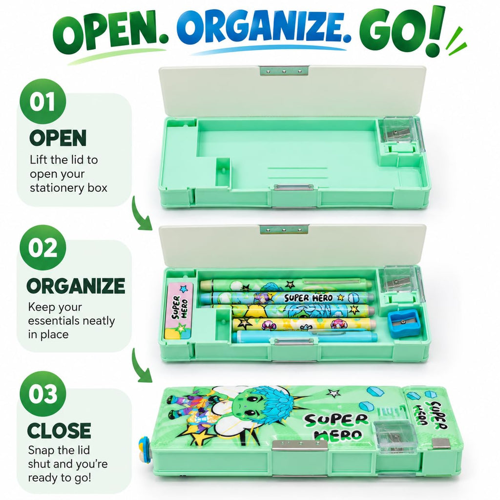 Superhero Print Pencil Box for Kids with Built-in Sharpener Multifunctional Pencil Box for Kids Boys & Girls, Large Capacity Stationery Mint Green
