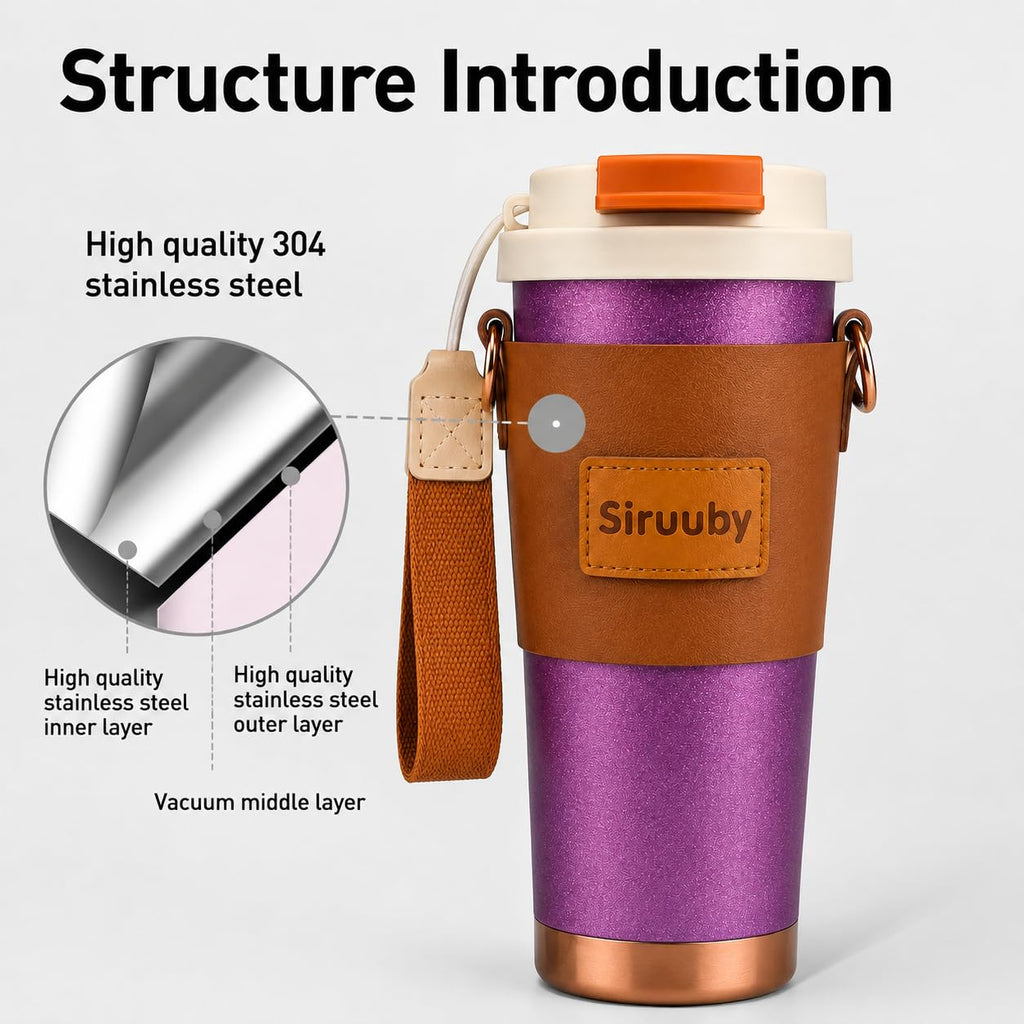 DailyAlley Stainless Steel Coffee Tumbler Sipper with Mineral Stone Filter (500ml) | Premium Hot & Cold Travel Mug with Straw Lid & Carry Strap | Luxury Coffee Cup for Office, Car & Gifting (Purple)