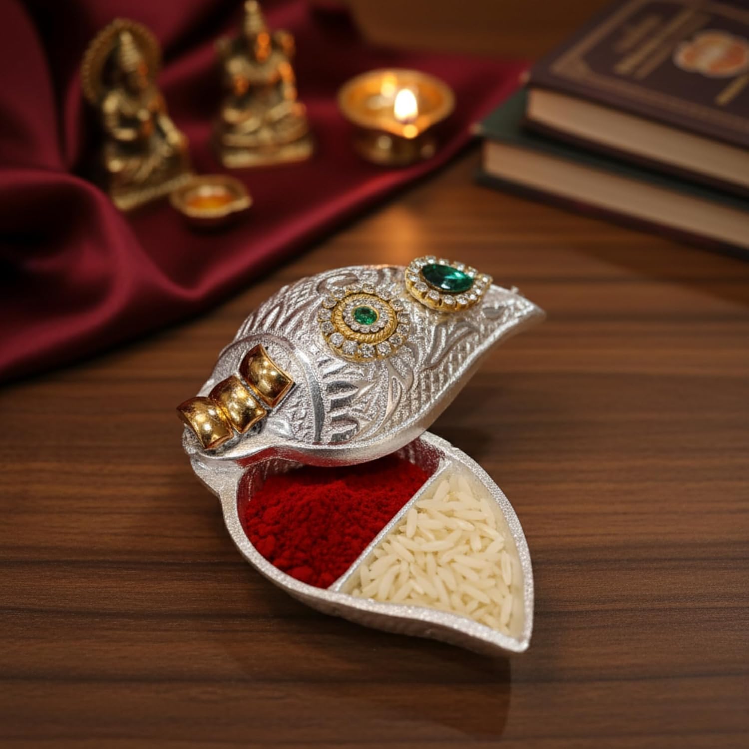 German Silver Designer Sindoor Dani Kumkum Box with Stone Work & Dual Compartment