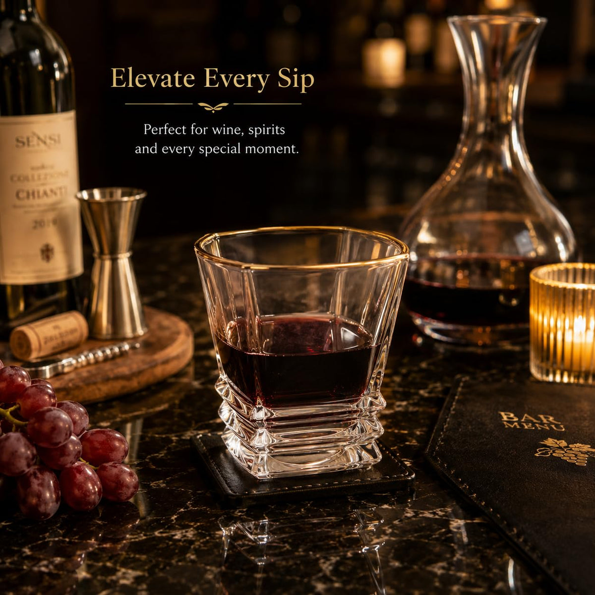Premium Whisky Glass Set of 6 | 300ml Heavy Base Crystal Clear Glasses with Golden Rim | Elegant Square Design Glasses for Whisky, Scotch, Cocktails & Bar Use