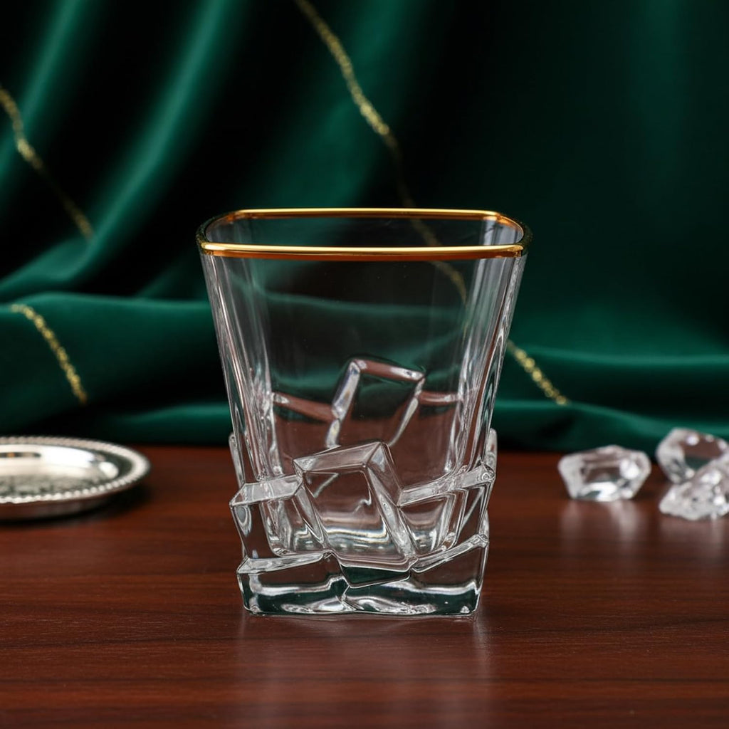 Premium Whisky Glass Set of 6 | 300ml Heavy Base Crystal Design Glasses with Golden Rim | Elegant Square Design Glasses for Whisky, Scotch, Cocktails and Bar Use