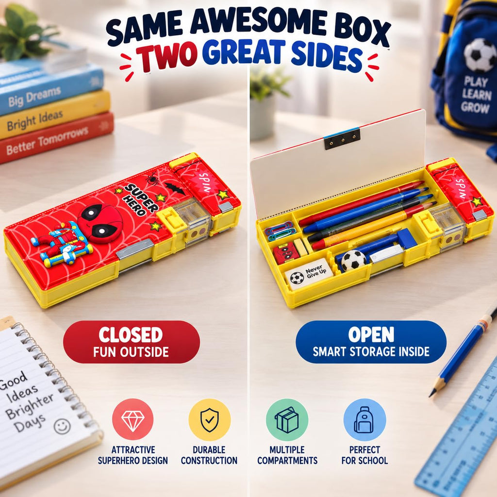 Superhero Theme Kids Pencil Box, Multifunctional Pencil Box for Kids Boys & Girls, Large Capacity Stationery Organizer with Built-in Sharpener Eraser Compartment & Pencil Storage School