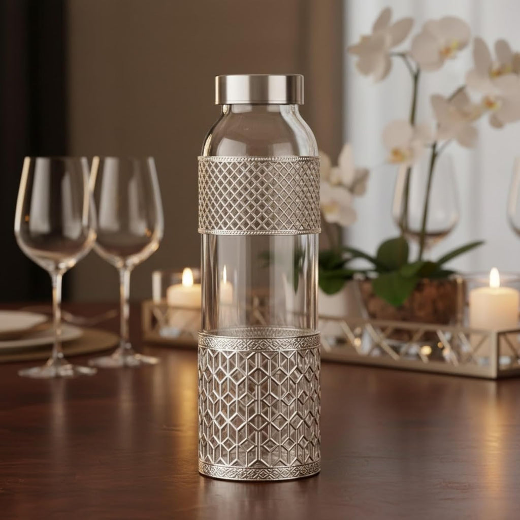 Premium German Silver Glass Bottle Set with 1 Litre Bottle & 2 Glasses (300ml Each) - Comes with Green Velvet Gift Box