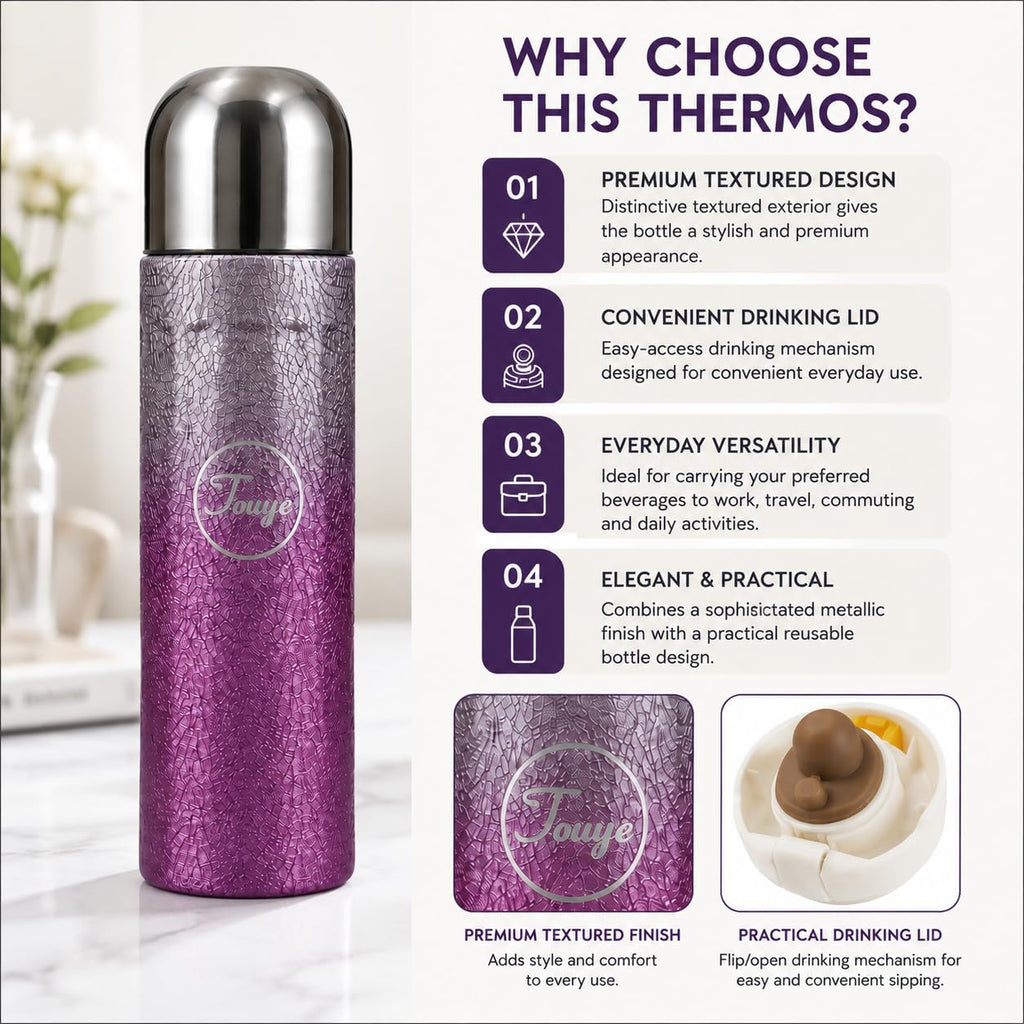 Stainless Steel Water Bottle Crystal Thermos Flask Titanium Coating, Purple, 450 ml Textured Exterior, Metallic Protective Cap, Integrated Drinking Lid